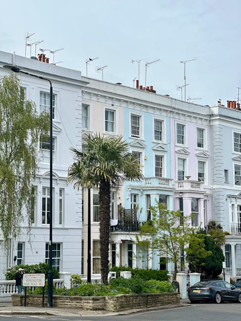 Exterior view of a row of white terraced houses with multiple floors, large windows, and decorative architectural features. A tall palm tree and other greenery, including smaller trees and bushes, are situated along the pavement, which features a lamppost and a street sign. A black van is parked on the street near the entrance of one house, indicating active loading or unloading in progress. The scene suggests a residential area in Notting Hill, with ongoing home relocation or furniture transport as part of a house removals or moving service, supported by the presence of Man with Van Notting Hill for professional packaging, packing, and moving logistics.